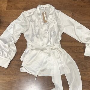 DO+BE White Satin Wrap Blouse with Self-Tie Belt